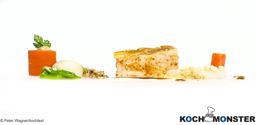 Brust vom Französischen Landgockel mit Erbsen, Yuzu und Estragonbechamél
Foto (c) Peter Wagner/kochtext
(stark reduzierte Bildqualität) Brust vom Französischen Landgockel mit Erbsen, Yuzu und Estragonbechamél