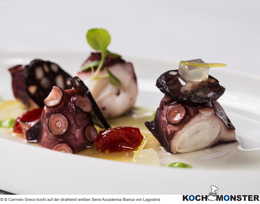 Pulpo mit Kartoffel und Blutwurst
Foto (c) © Carmelo Greco kocht auf der strahlend weißen Serie Accademia Bianca von Lagostina
(stark reduzierte Bildqualität) Pulpo mit Kartoffel und Blutwurst