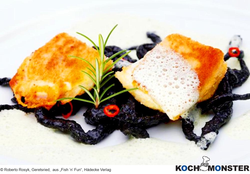 „Cordon bleu“ von der Forelle mit schwarzen Chili-Spätzle und Petersiliennage