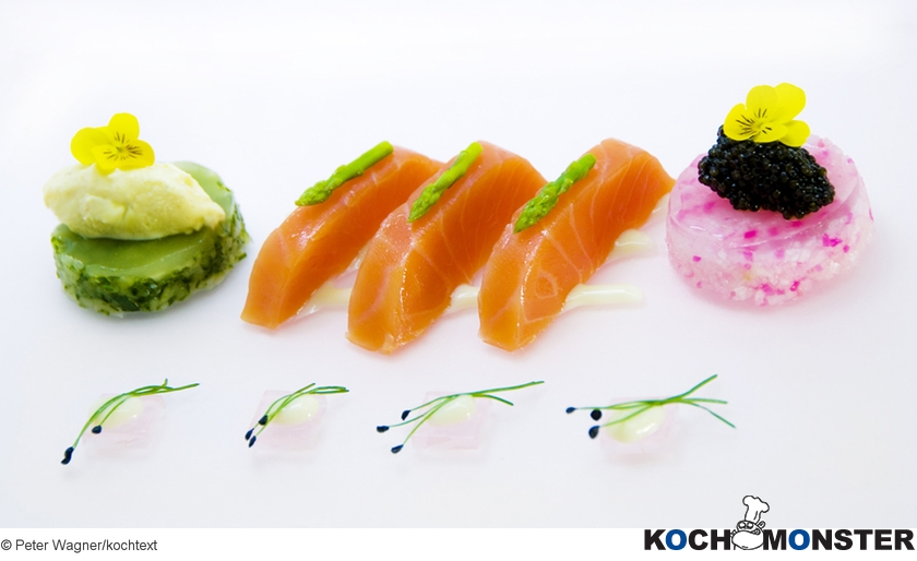 Balik-Lachs mit Kaviar, Kren-Eis und Rettich-Gurken-Variation  
