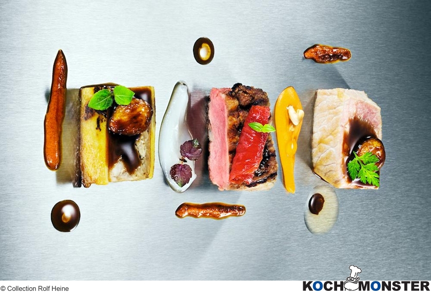 Dreierlei vom iberischen Schwein mit Zwiebelpüree und Schmortomaten
Foto (c) Collection Rolf Heine
(stark reduzierte Bildqualität) Dreierlei vom iberischen Schwein mit Zwiebelpüree und Schmortomaten