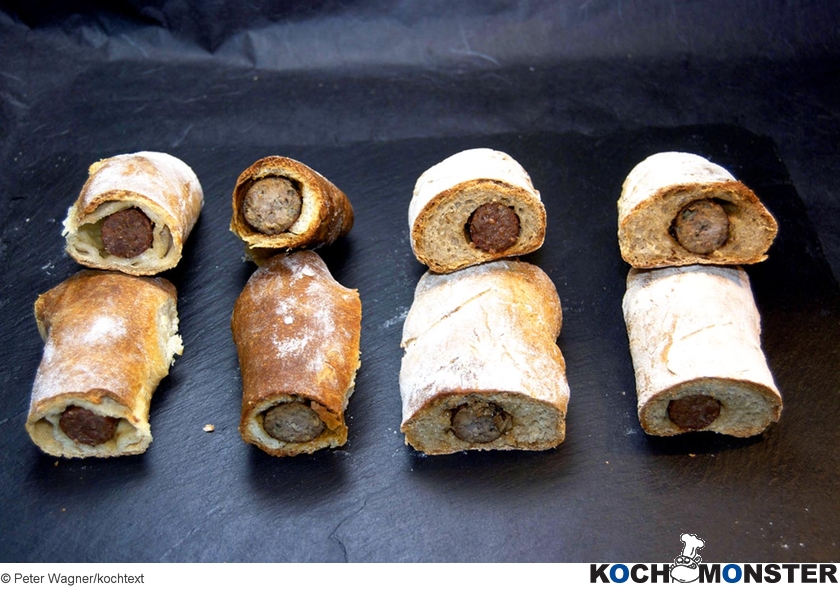 Bratwürste im Schlafrock
Foto (c) Peter Wagner/kochtext
(stark reduzierte Bildqualität) Bratwürste im Schlafrock